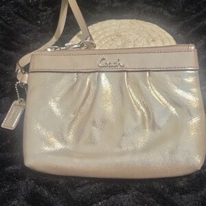 Coach Metallic Gold Wristlet with Leather Trim & Hang Tag.